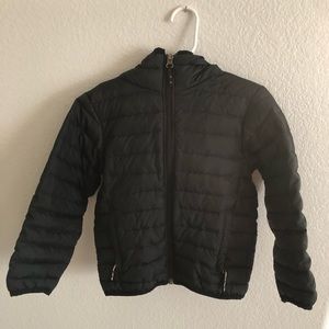 Kids Columbia black XXS hooded puffer jacket.